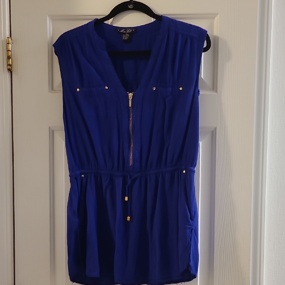 Royal Blue Sleeveless Zip-Front Blouse